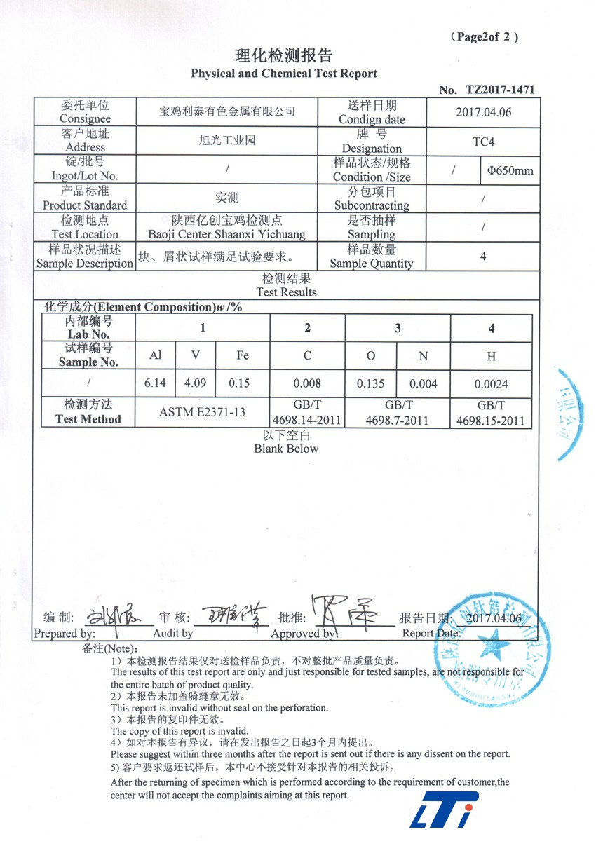 鈦金屬檢測報告